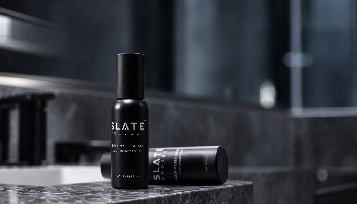 A matte black bottle of SLATE Hair Reset Spray on a dark marble bathroom counter.
