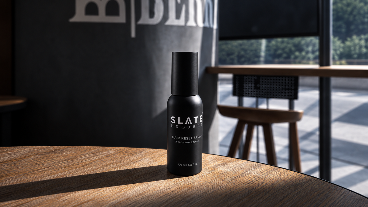 SLATE Hair Reset Spray standing on a wooden desk in warm natural light.